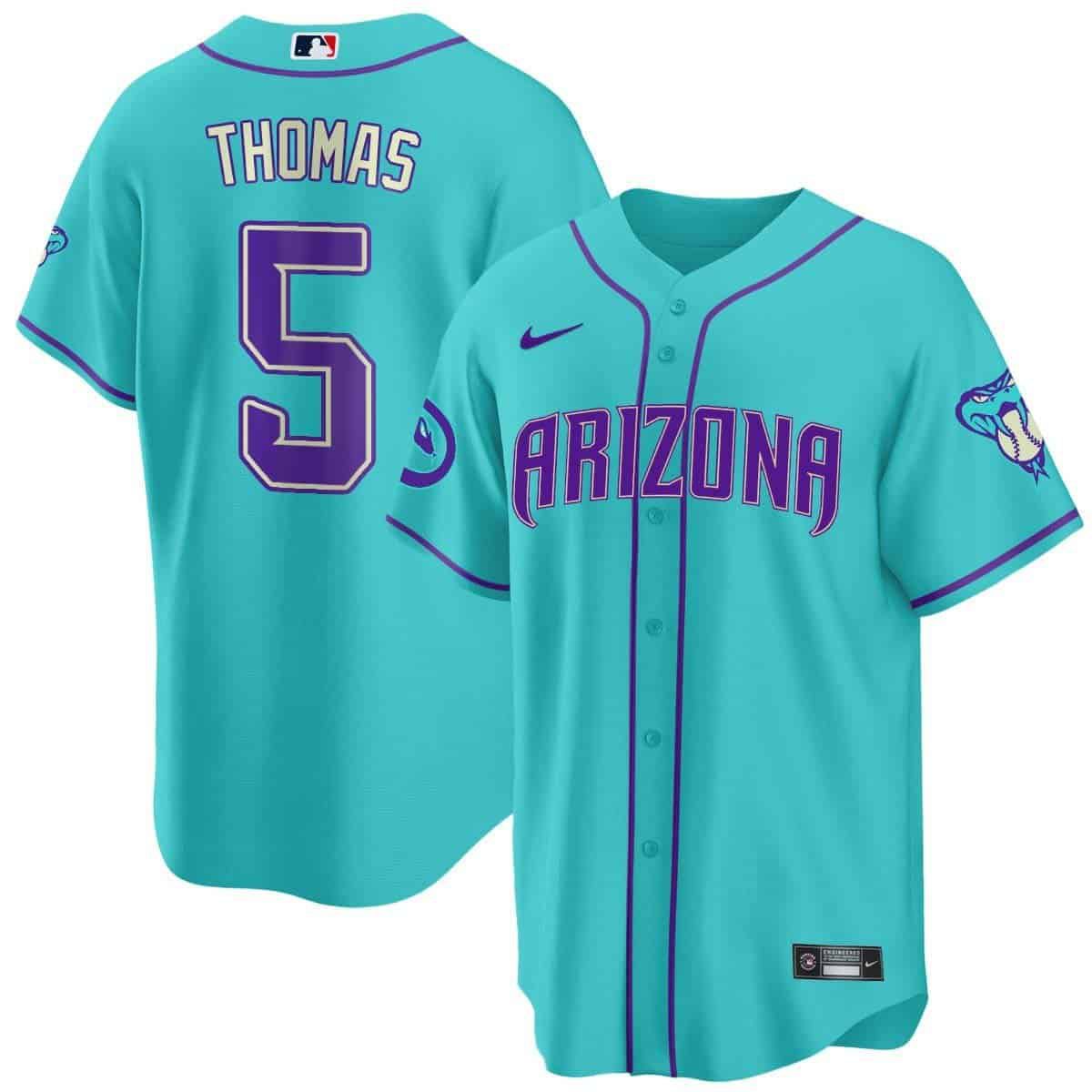 Men Arizona Diamondback #5 Thomas Light Blue Nike 2024 Teal Purple MLB Jersey